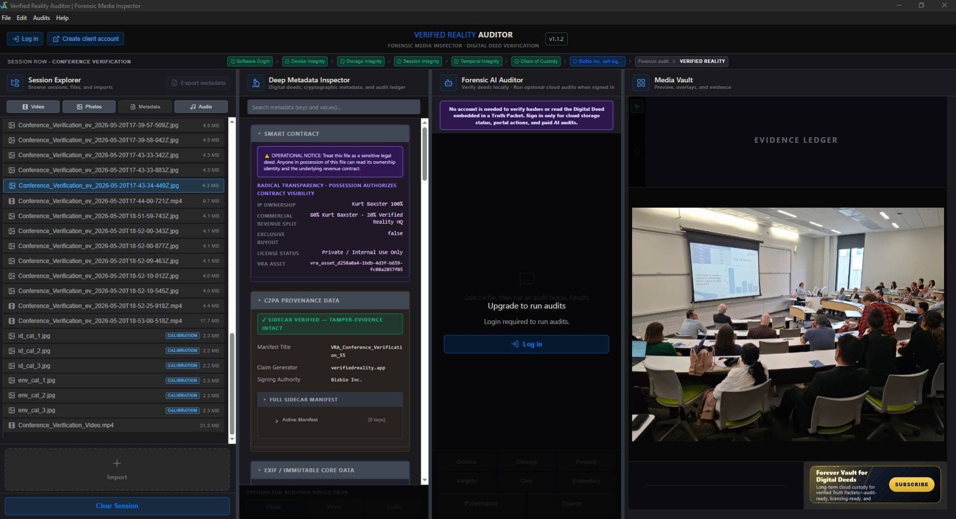 Verified Reality Auditor desktop interface verifying a Truth Packet