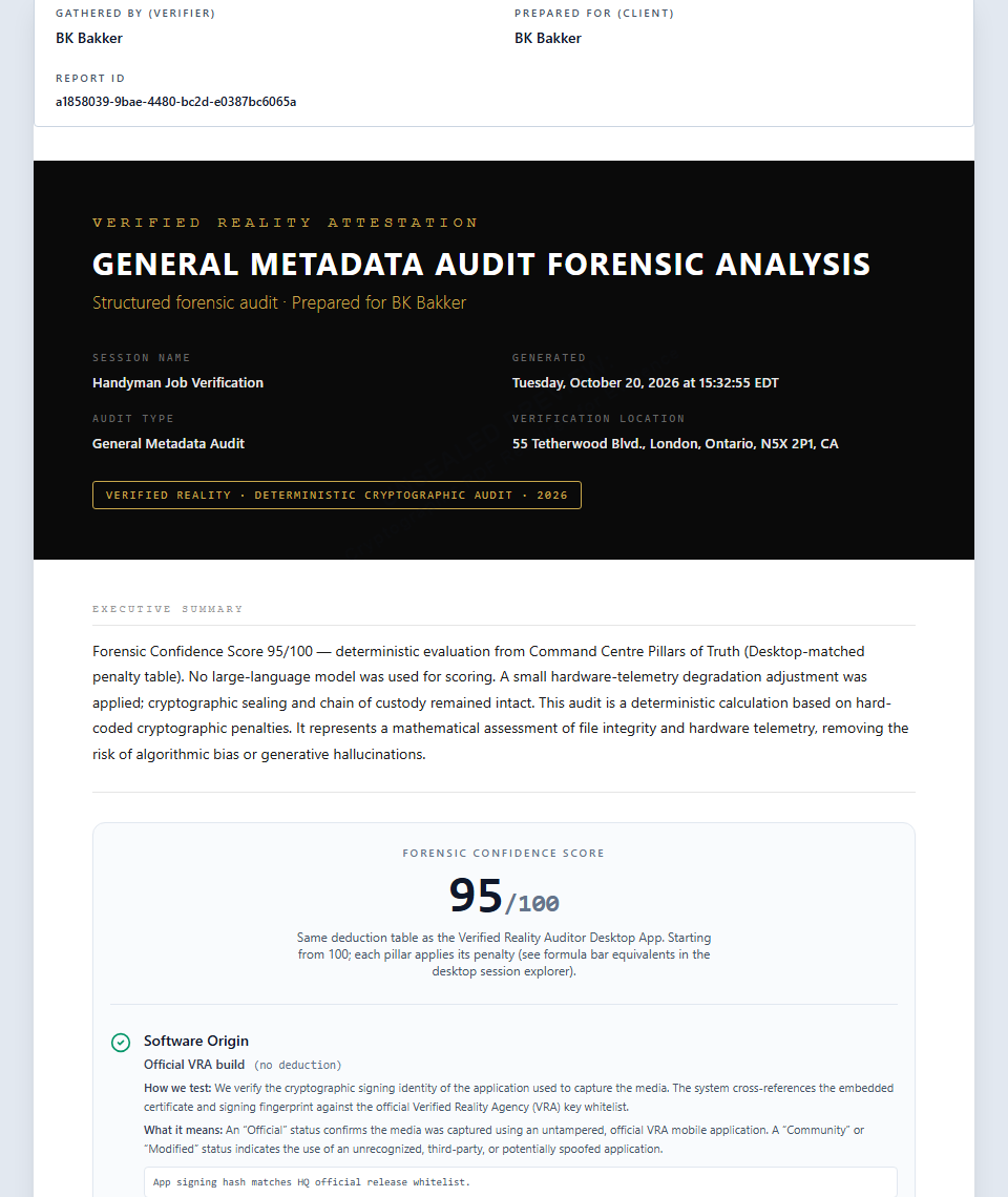 Opening of the Handyman Job Verification General Metadata Audit, including the session name and Forensic Confidence Score.