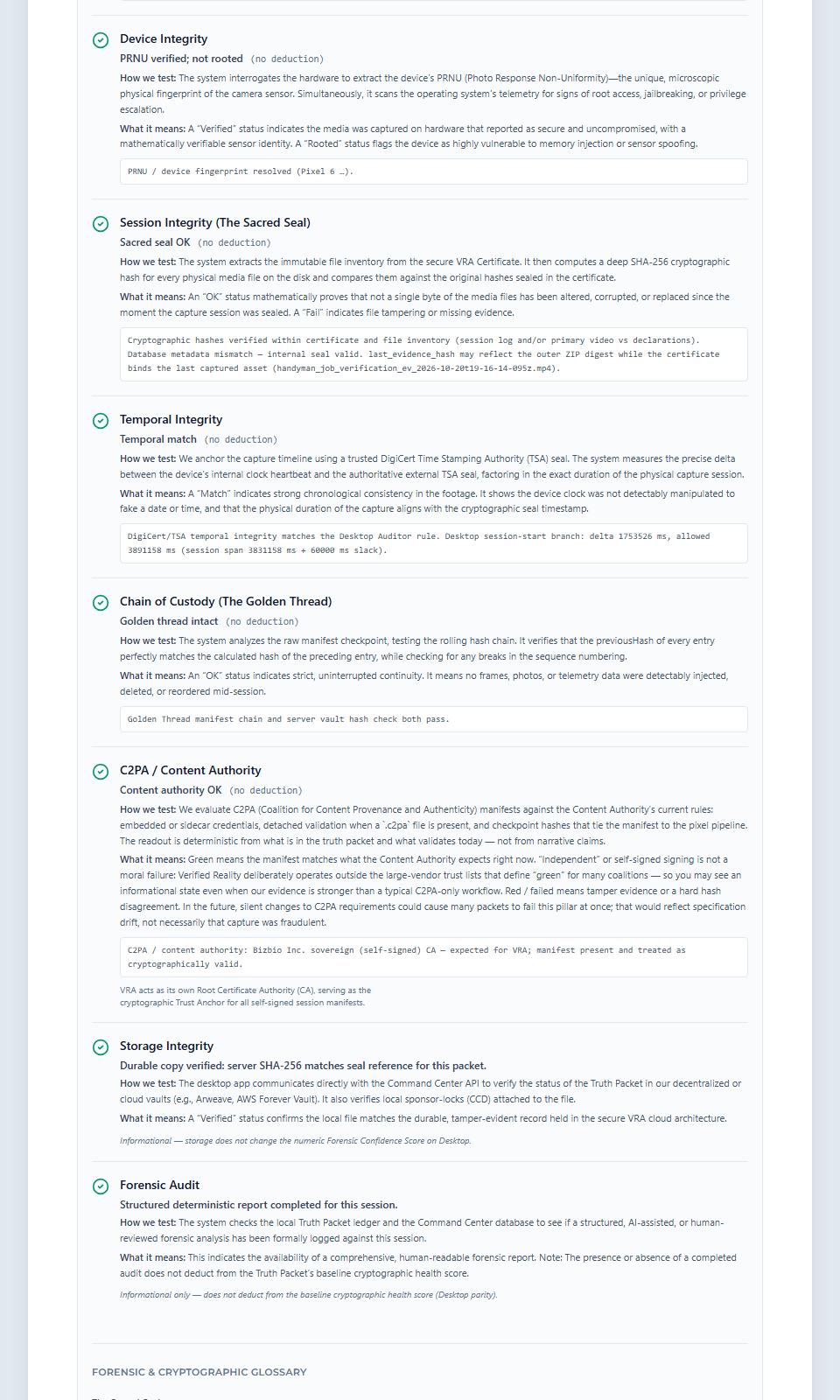 Integrity checks from the same General Metadata Audit, including device, seal, time, and chain of custody.